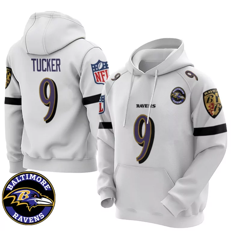 Justin Tucker 9 Baltimore Ravens Jersey White Hoodie Purple Black Retired Game