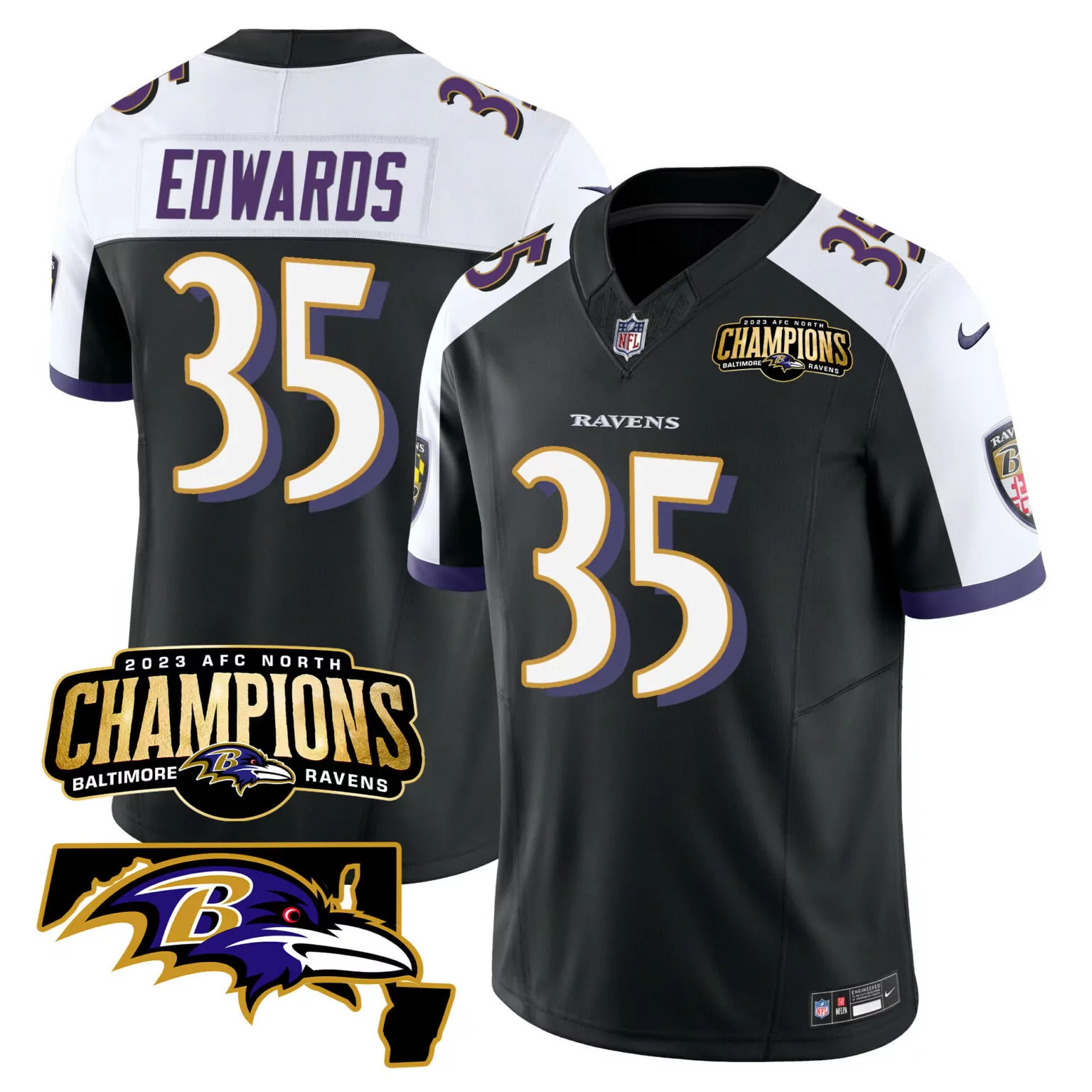 Gus Edwards 35 Ravens Jersey Black 2023 AFC North Champions Men White Purple Alternate