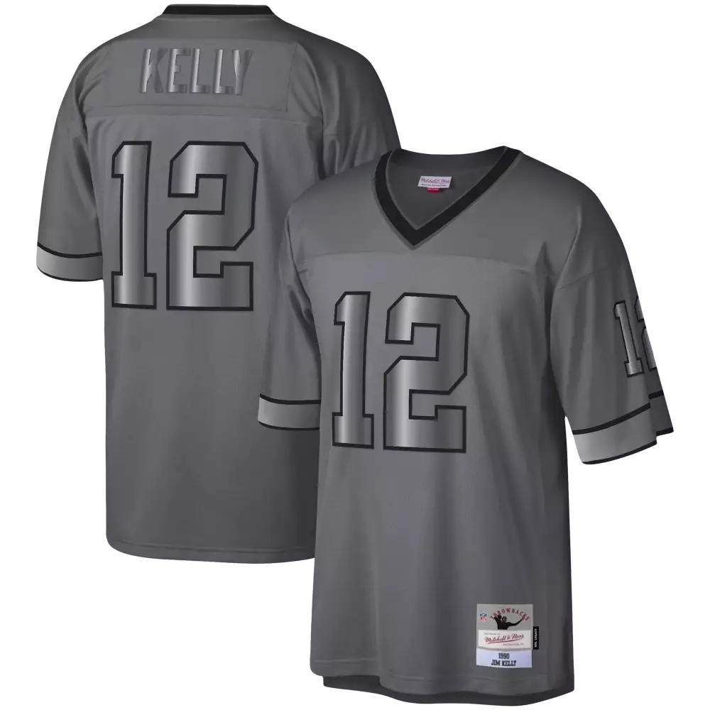 Jim Kelly 12 Buffalo Bills Jersey Gray 1990 Mitchell Ness Throwback Men Black Silver