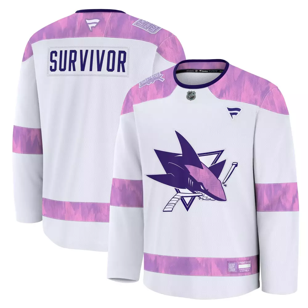 Survivor San Jose Sharks Jersey White Hockey Fights Cancer Men Split Design Purple