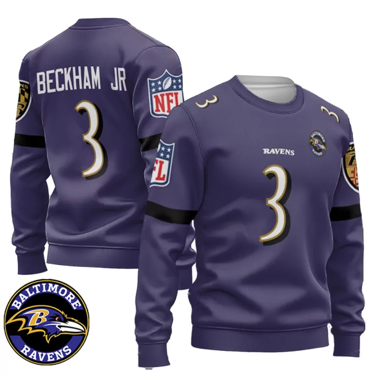 Beckham Jr 3 Baltimore Ravens Jersey Purple Men Sweatshirt Black White Gold Retired