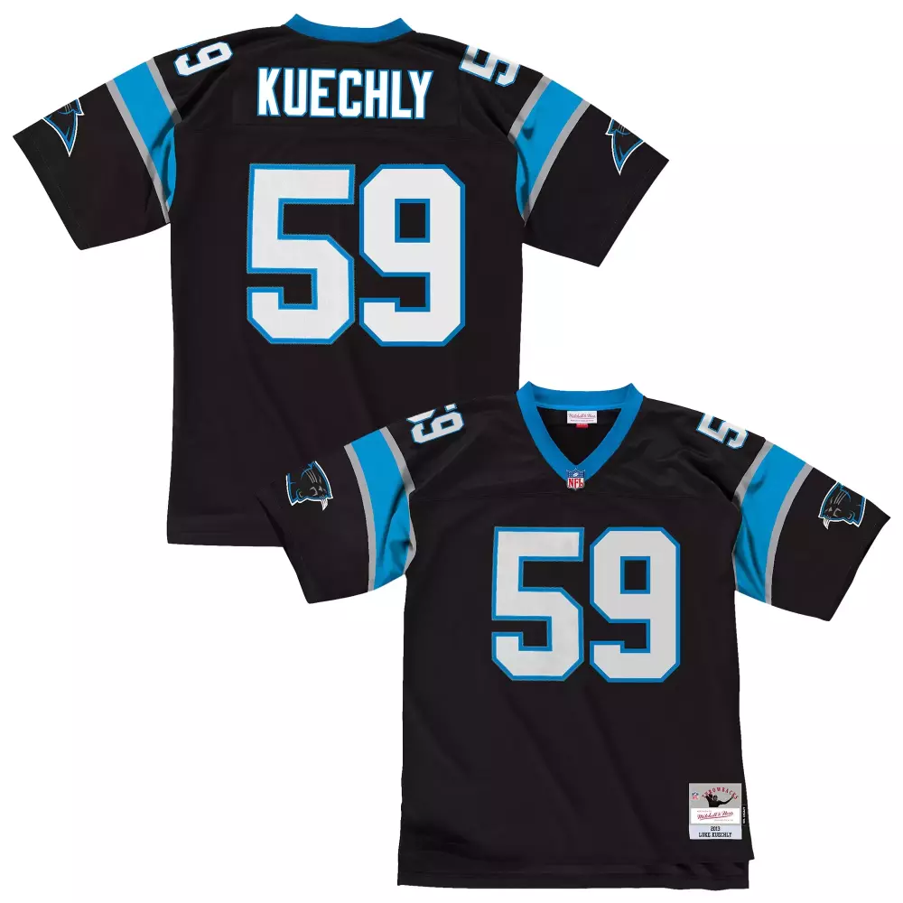 Luke Kuechly 59 Carolina Panthers Jersey Black Men NFL Blue Silver Legacy Throwback