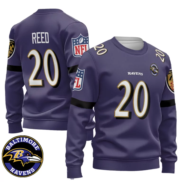 Ed Reed 20 Baltimore Ravens Jersey Purple Men Crewneck Sweatshirt White Black Gold