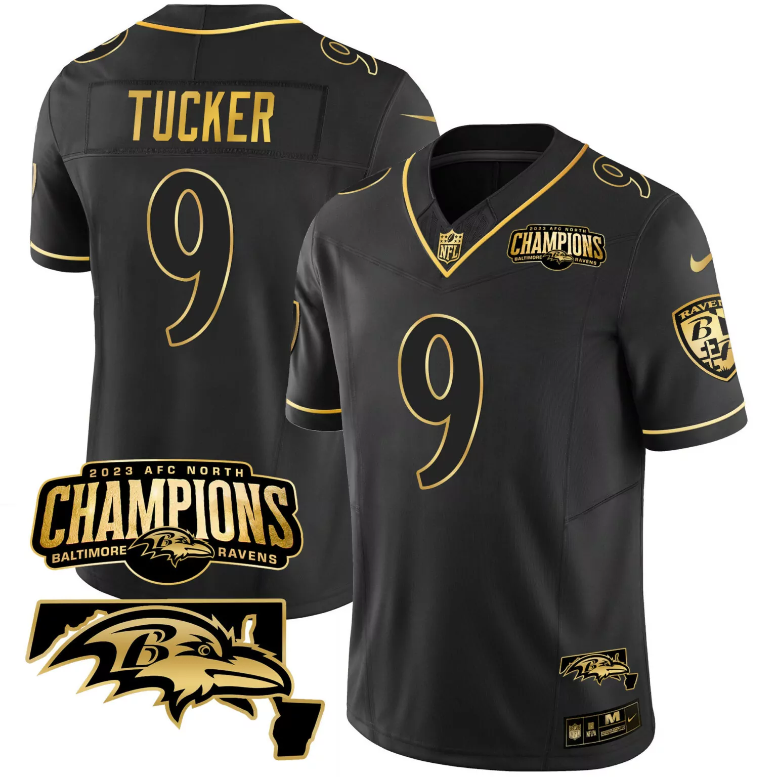 Justin Tucker 9 Baltimore Ravens Jersey Black AFC North Champions 2023 Men Gold All