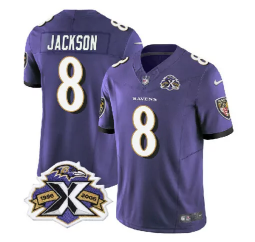 Lamar Jackson 8 Ravens Jersey Purple 1996-2008 Anniversary Men Player White Gold