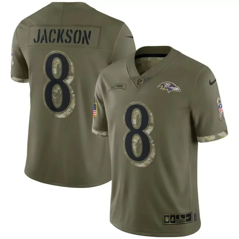 Lamar Jackson 8 Baltimore Ravens Jersey Olive Drab Salute To Service American Flag 2023