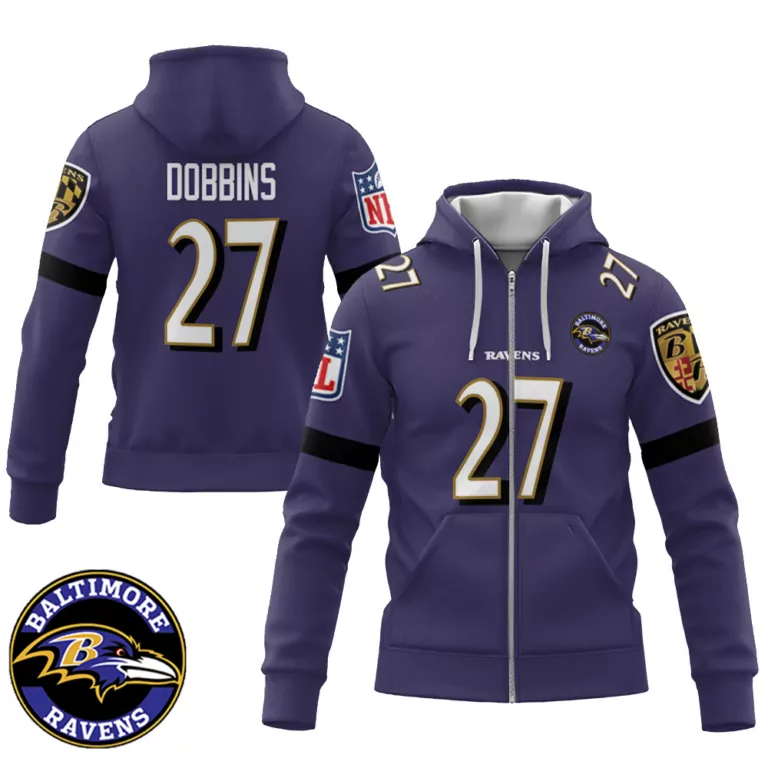 J.k. Dobbins 27 Baltimore Ravens Jersey Purple Players Association Men Zip-up Hoodie