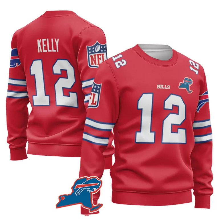 Jim Kelly 12 Bills Jersey Red New York State Map With Heart Buffalo Men Sweatshirt