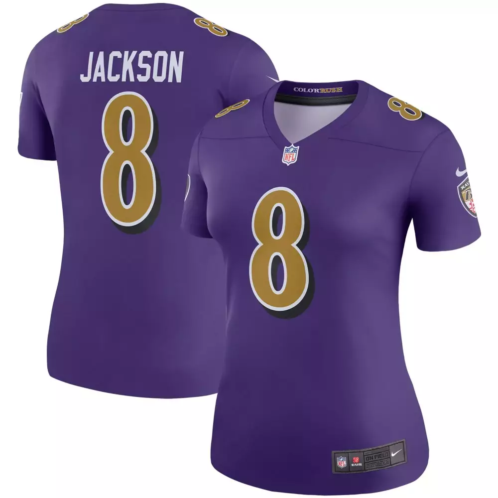 Lamar Jackson 8 Baltimore Ravens Jersey Purple Color Rush Women Authentic Gold Black