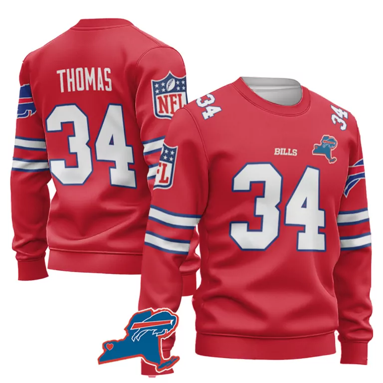 Thurman Thomas 34 Buffalo Bills Jersey Red Men Sweatshirt White Blue