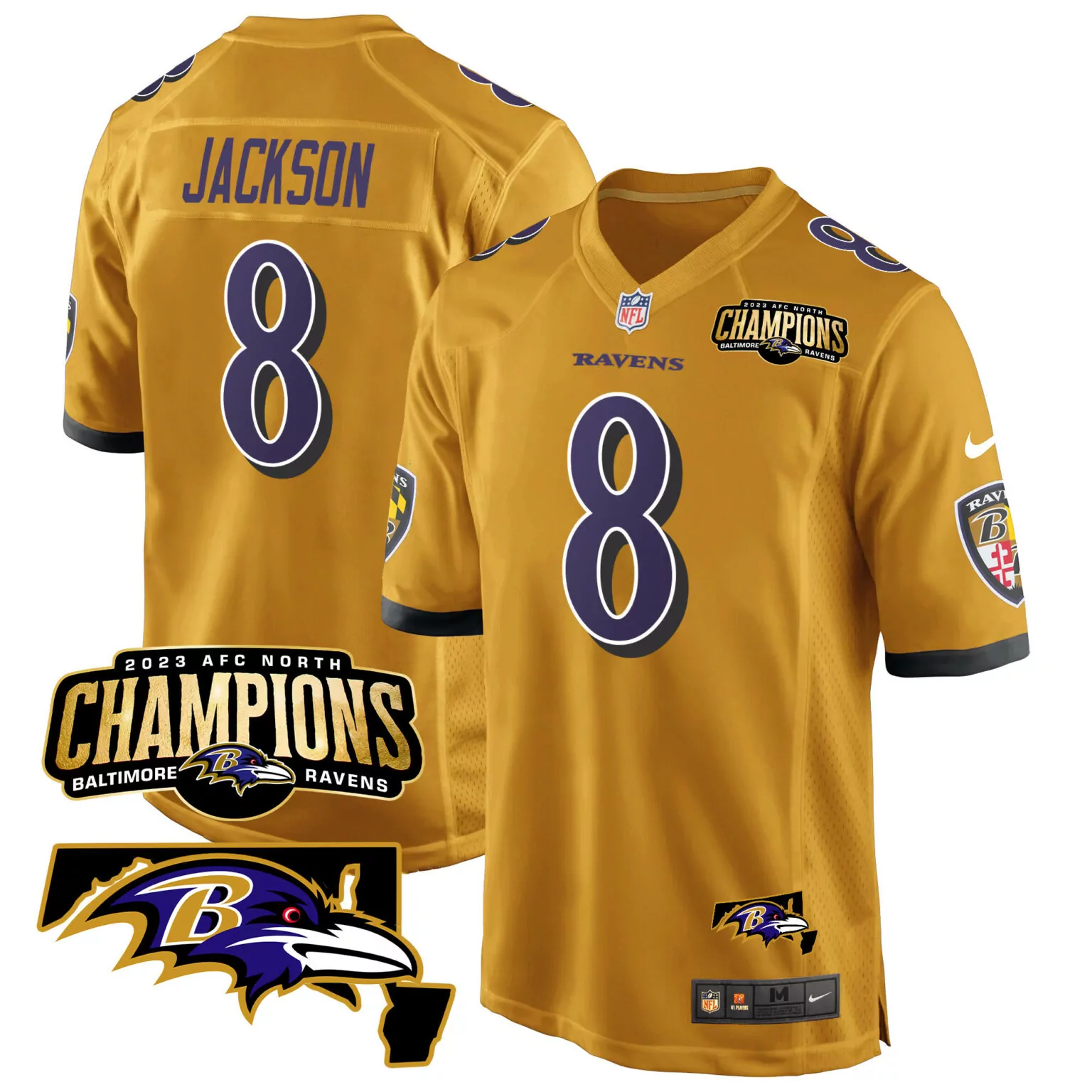 Lamar Jackson 8 Baltimore Ravens Jersey Gold Men Purple Black Game All Stitched