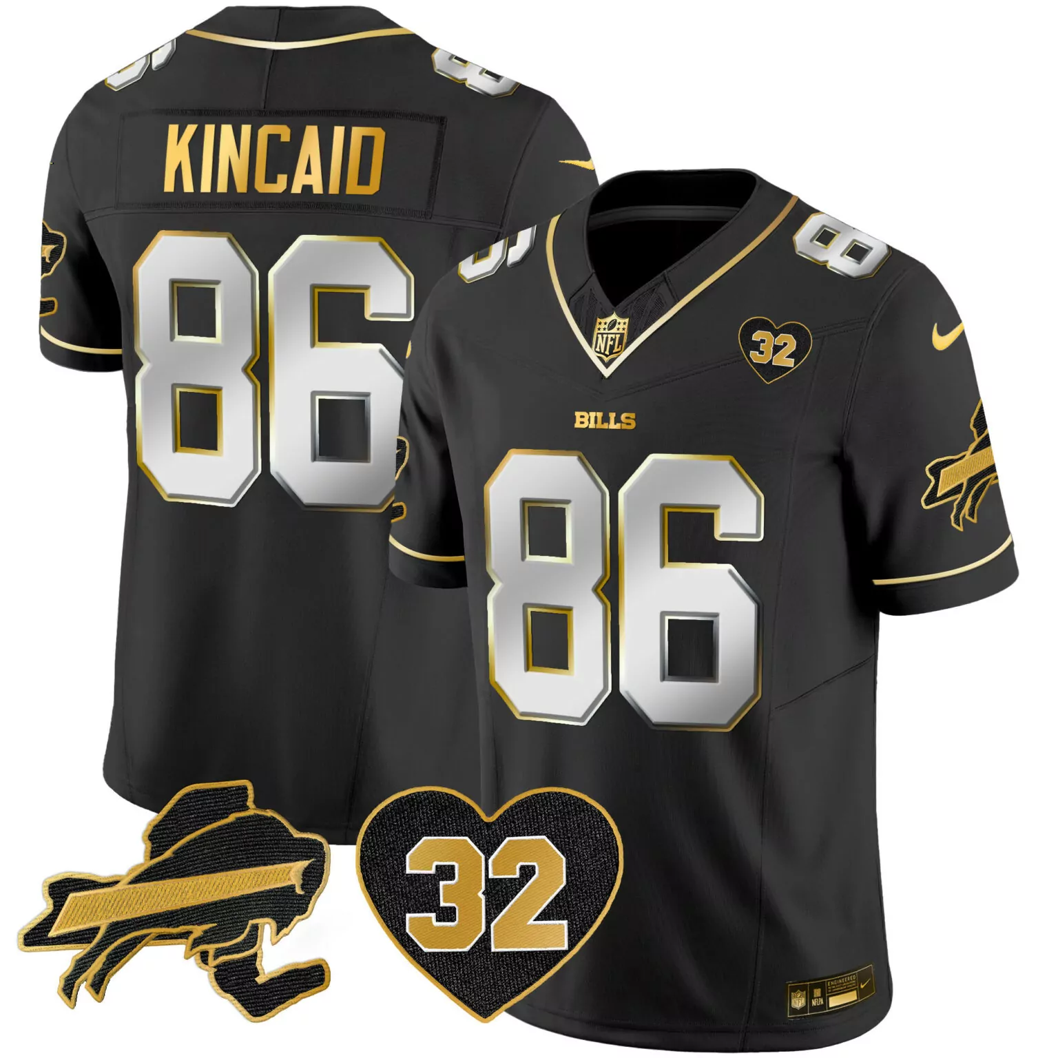 Dalton Kincaid 86 Bills Jersey Black Gold Rush Buffalo Heart 32 Men Alternate Silver