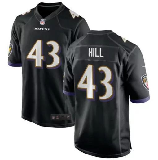 Justice Hill 43 Ravens Jersey Black Men Player Purple White Stitched Game