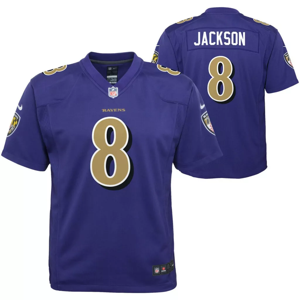 Lamar Jackson 8 Ravens Jersey Purple Men White Gold Rush Game