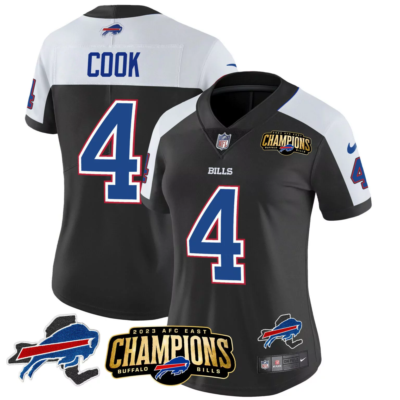 James Cook 4 Bills Jersey Black 2023 AFC East Champions Women NFL Alternate White