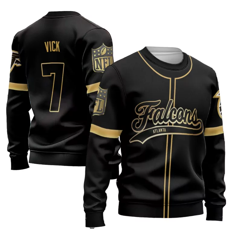 Michael Vick 7 Atlanta Falcons Jersey Black Men Crewneck Sweatshirt Gold Custom Flex