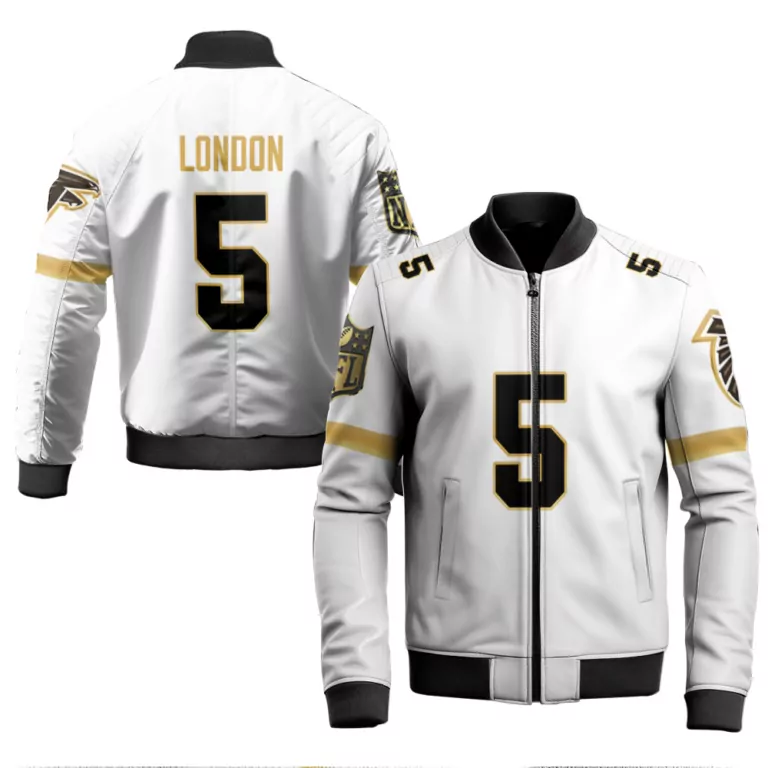Drake London 5 Atlanta Falcons Jersey White Men Bomber Jacket Black Gold