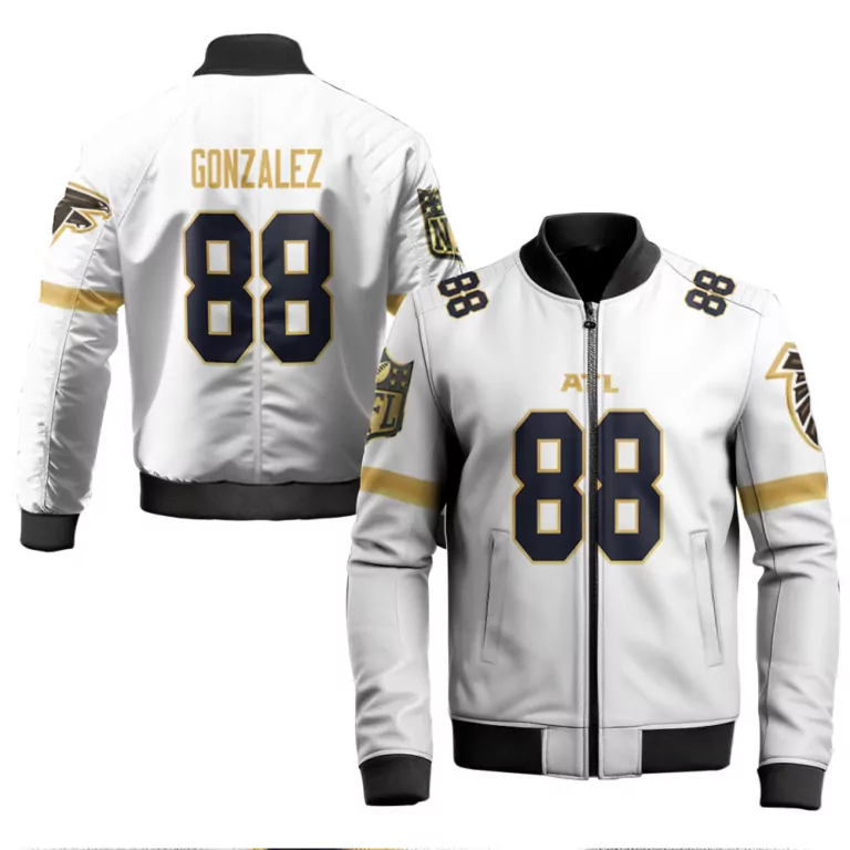 Tony Gonzalez 88 Atlanta Falcons Jersey White Men Bomber Jacket Gold Navy Blue