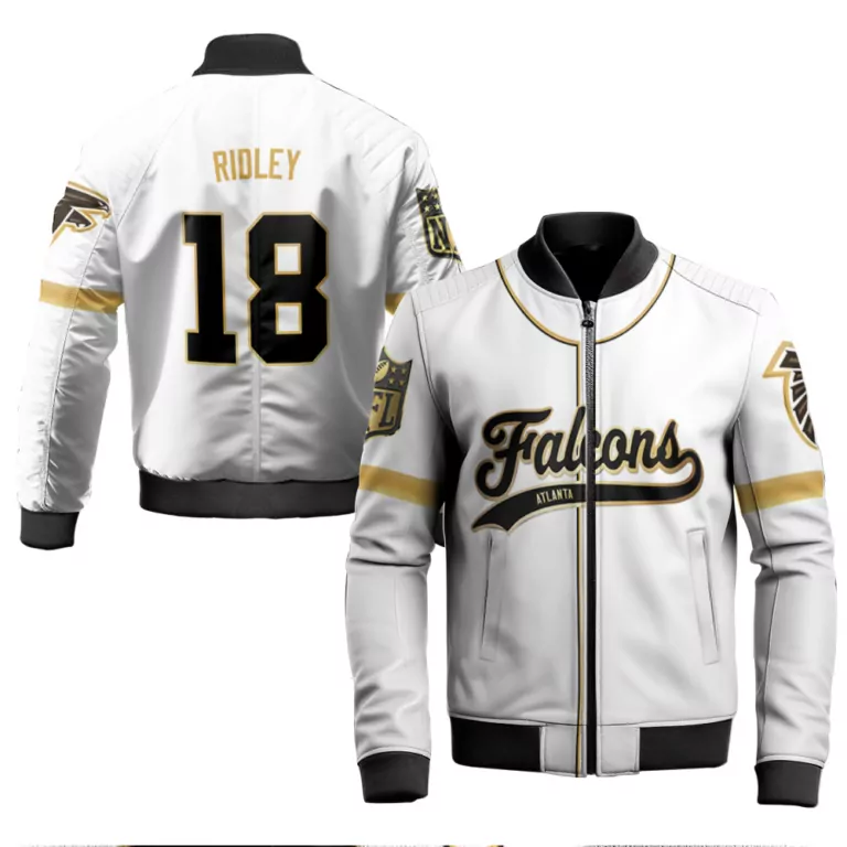 Calvin Ridley 18 Atlanta Falcons Jersey White Men Bomber Jacket Black Gold Custom