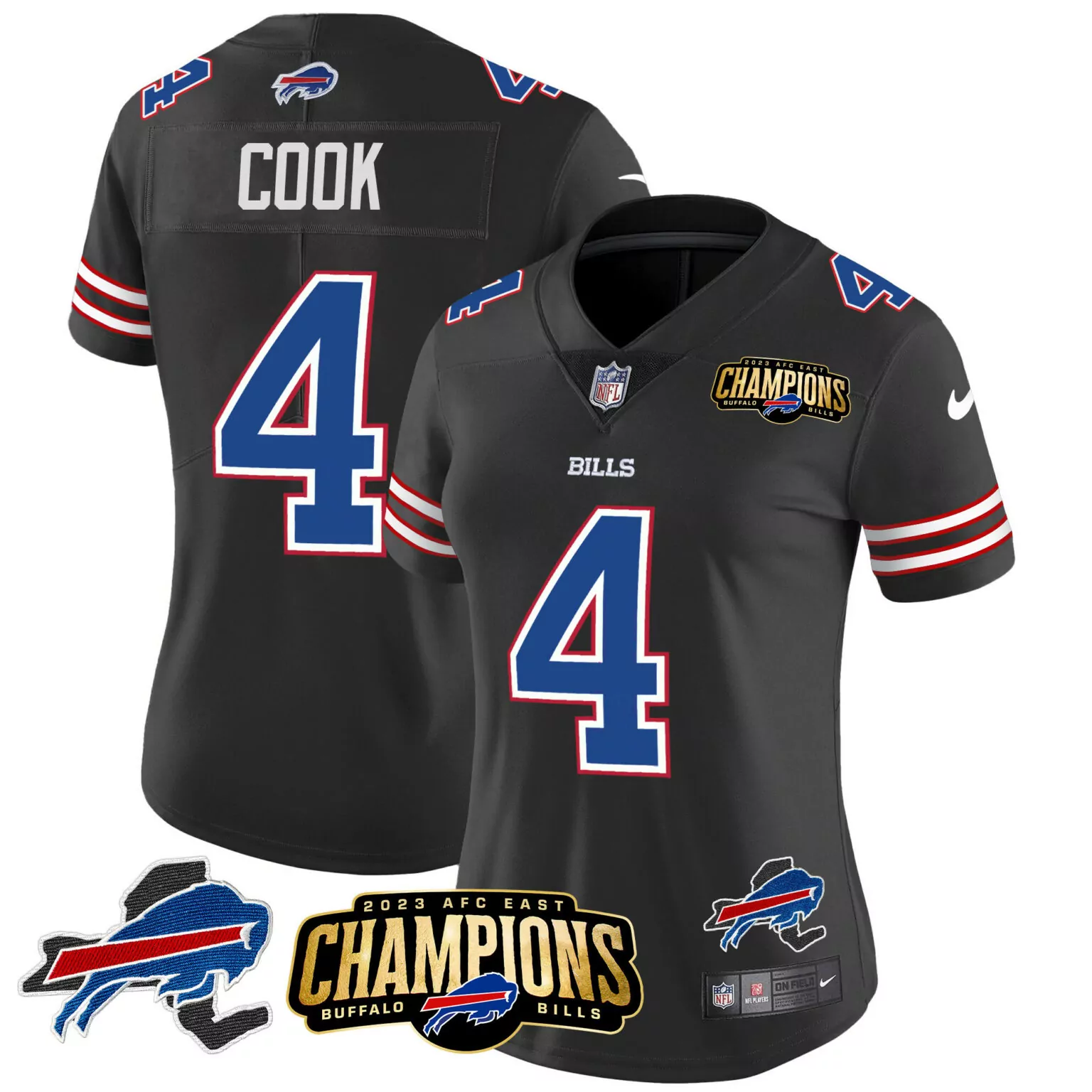 James Cook 4 Bills Jersey Black 2023 AFC East Champions Men Player Red Blue White
