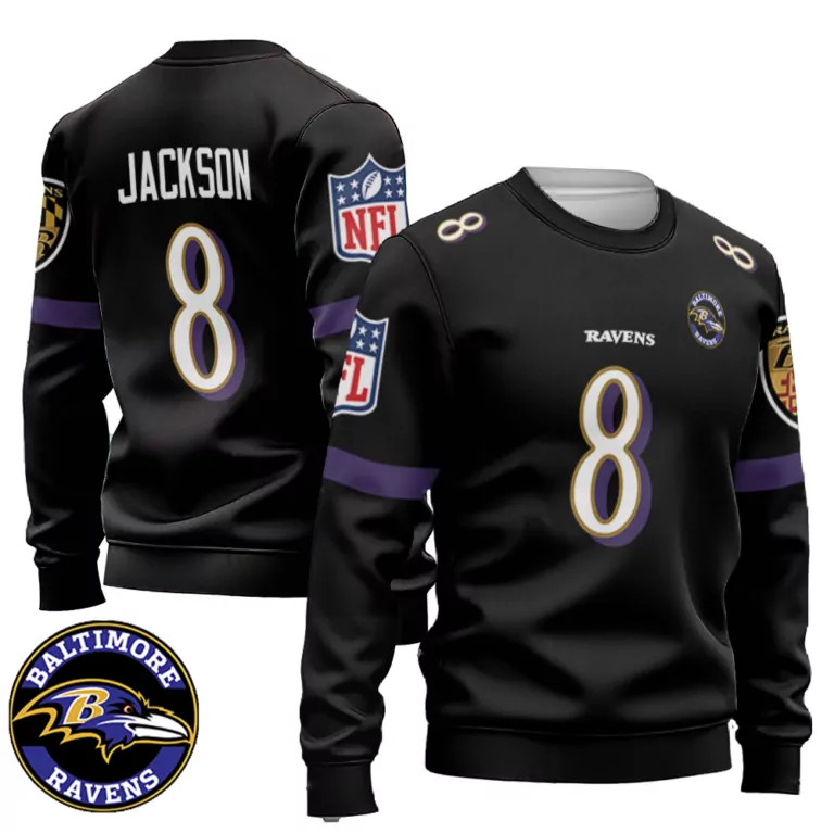 Lamar Jackson 8 Baltimore Ravens Jersey Black Player Men Sweatshirt Purple White