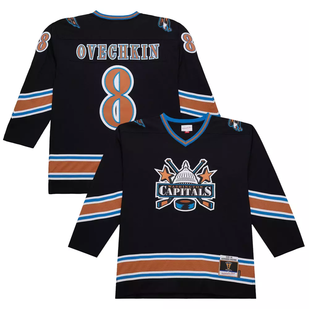 Alexander Ovechkin 8 Capitals Jersey Black 2006-07 Mitchell Ness Men Orange Blue