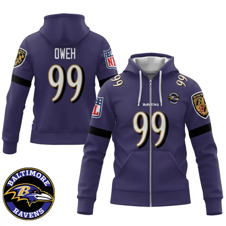 Odafe Oweh 99 Baltimore Ravens Jersey Purple Men Full Zip Hoodie Black Gold Retired