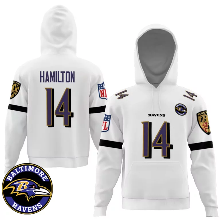 Kyle Hamilton 14 Baltimore Ravens Jersey White Men Hoodie Purple Black Retired Game