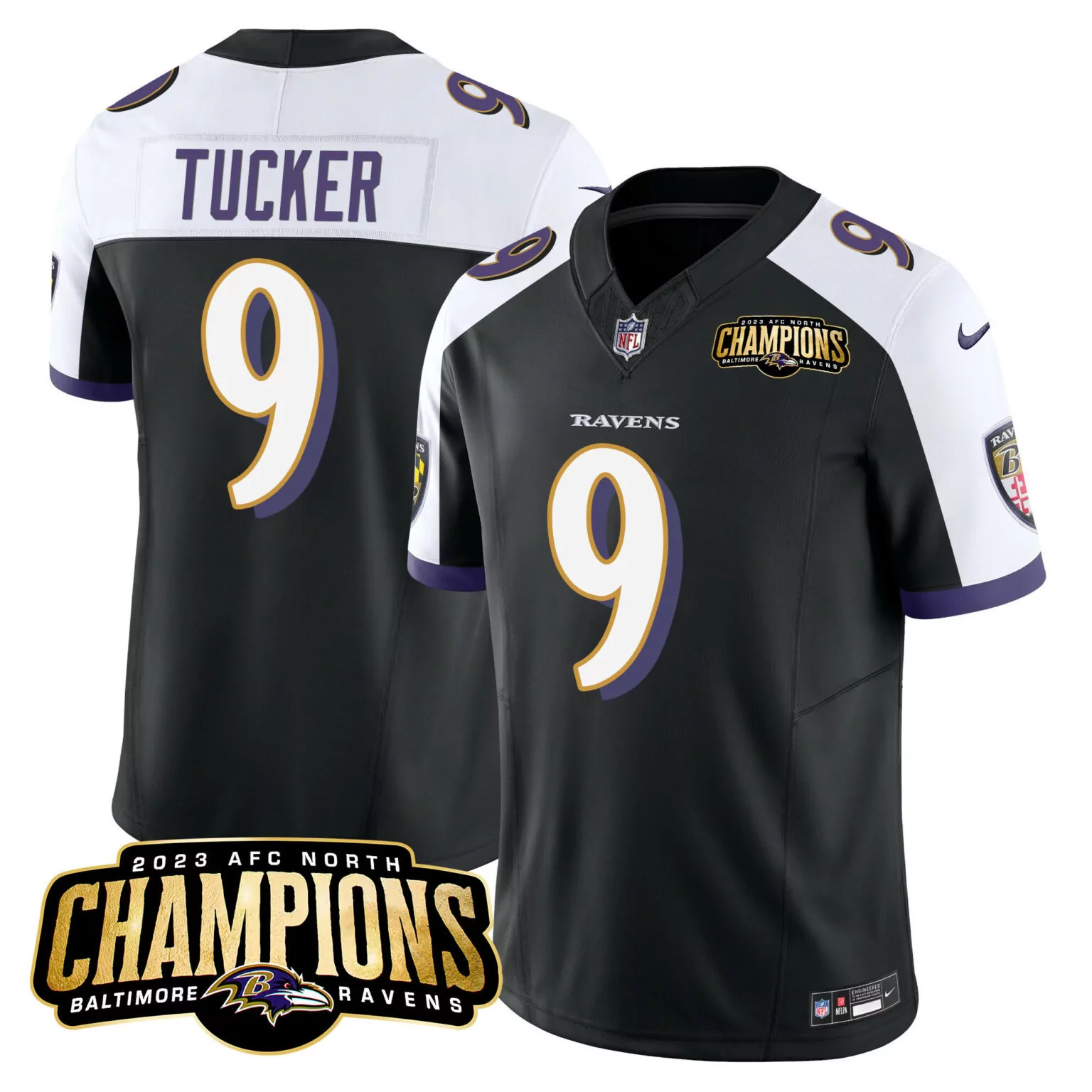 Justin Tucker 9 Ravens Jersey Black 2023 AFC North Champions Men Player White Purple