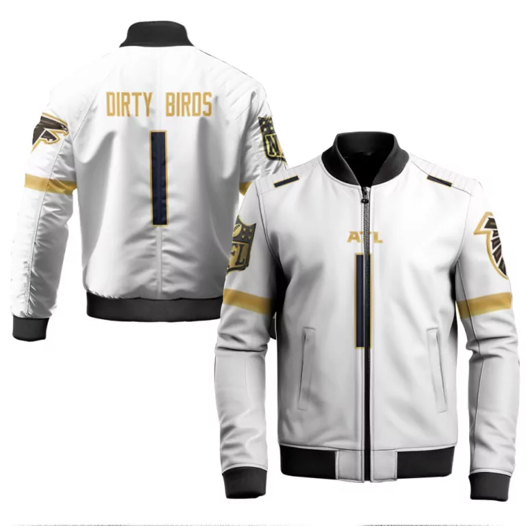 Dirty Birds 1 Atlanta Falcons Jersey White Bomber Jacket Gold Black Navy
