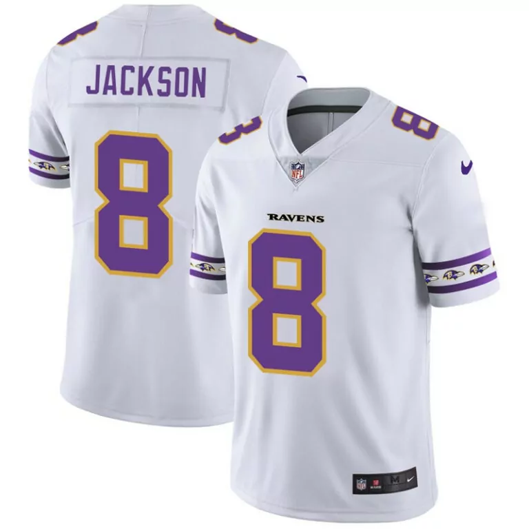Lamar Jackson 8 Ravens Jersey White Men Replica Alternate Purple Gold Cool Stitched
