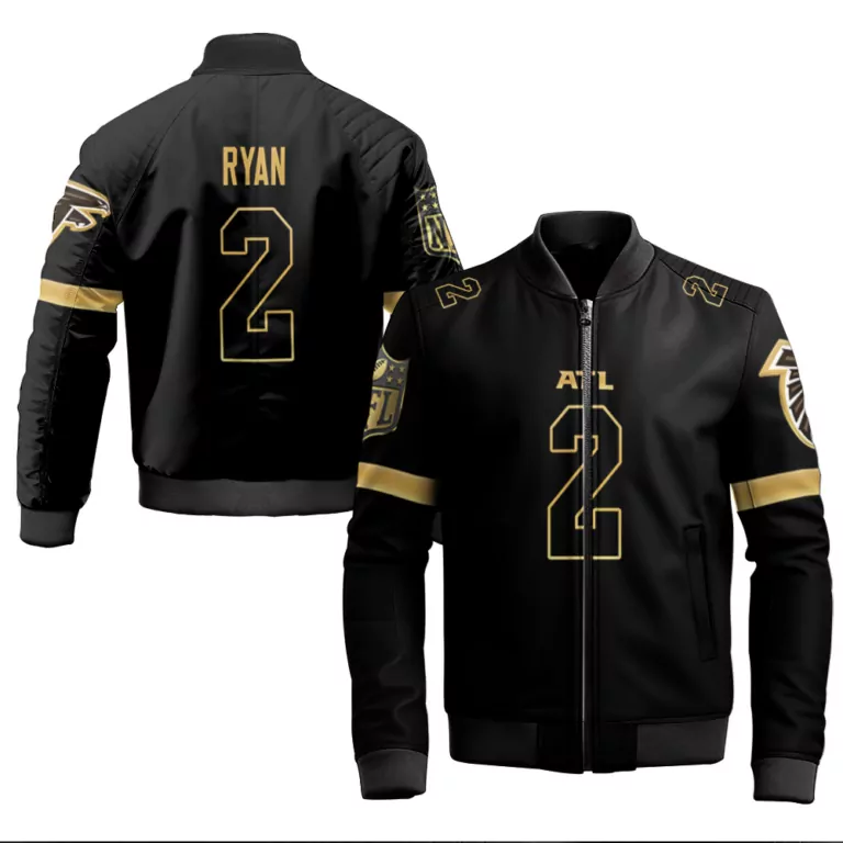 Matt Ryan 2 Atlanta Falcons Jersey Black Men Bomber Jacket Gold