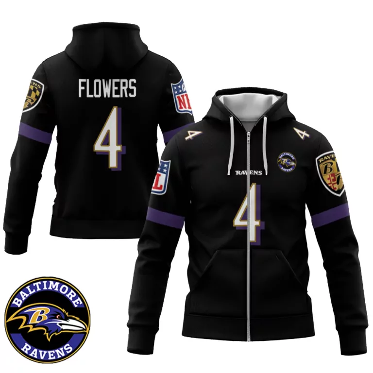 Zay Flowers 4 Baltimore Ravens Jersey Black Men Hoodie Purple White Gold Retired