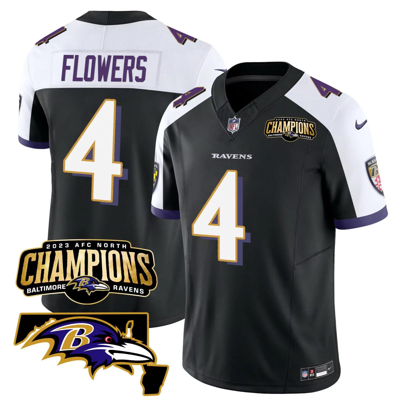 Zay Flowers 4 Baltimore Ravens Jersey Black 2023 AFC North Champions Men Official Licensed NFL