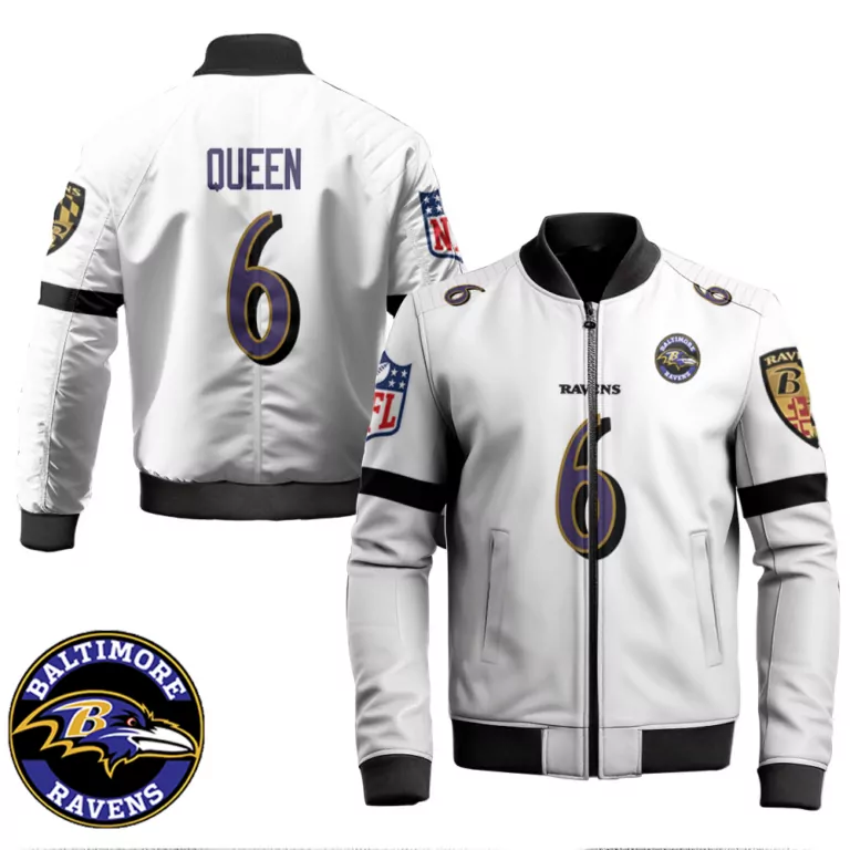 Patrick Queen 6 Baltimore Ravens Jersey White Men Bomber Jacket Purple Black Retired