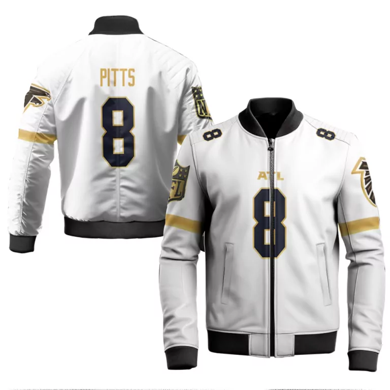Kyle Pitts 8 Atlanta Falcons Jersey White Men Bomber Jacket Black Gold
