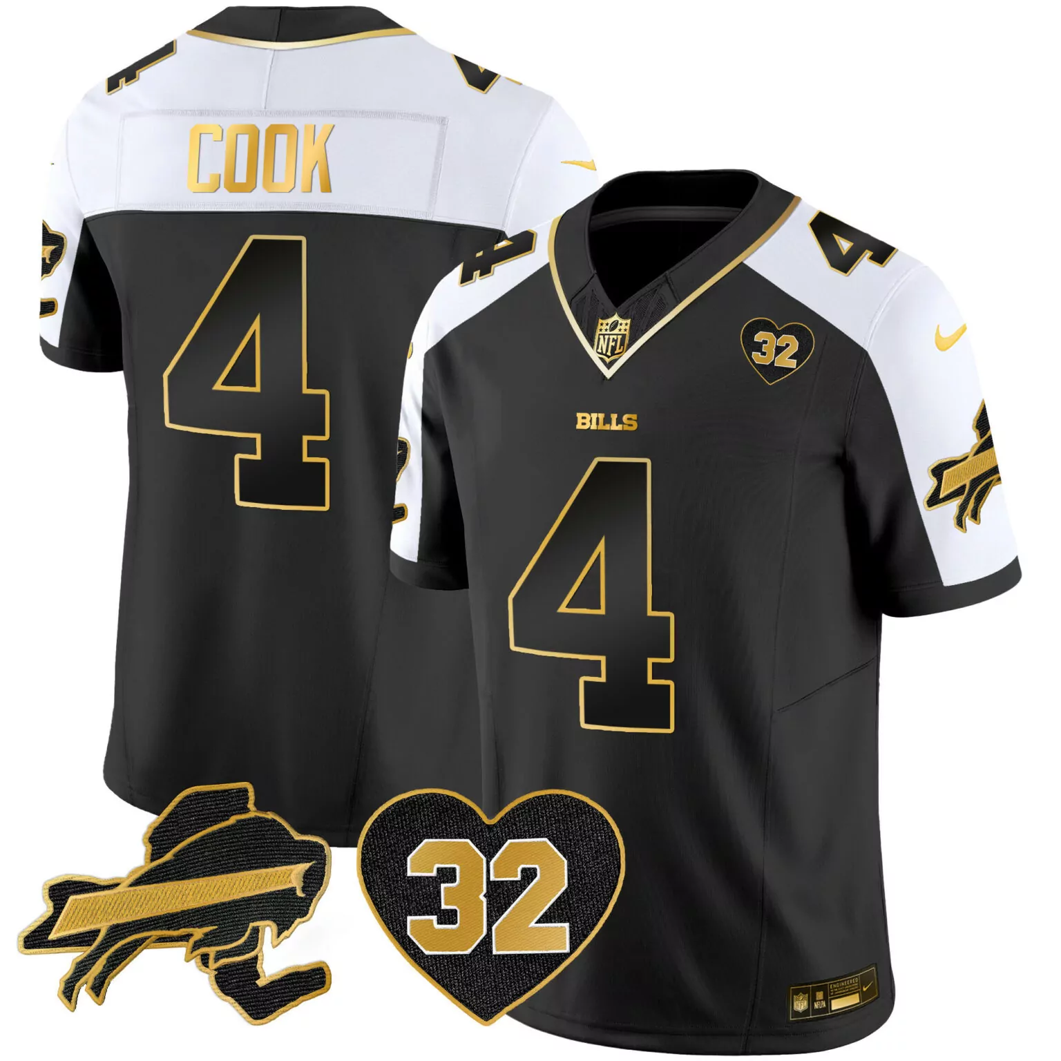 James Cook 4 Bills Jersey Black Heart 32 Men White Gold Alternate All Stitched