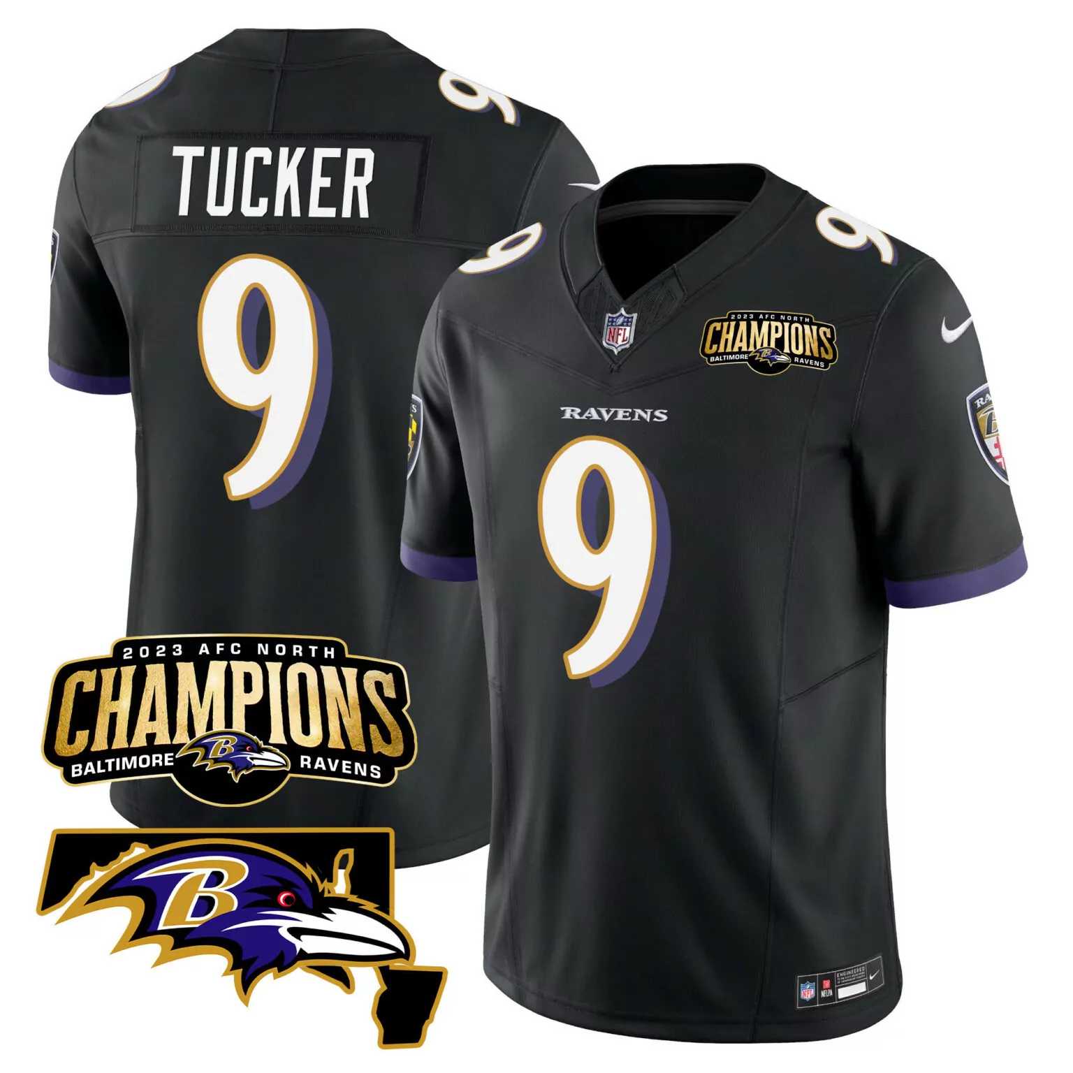 Justin Tucker 9 Baltimore Ravens Jersey Black 2023 AFC North Champions Men Purple