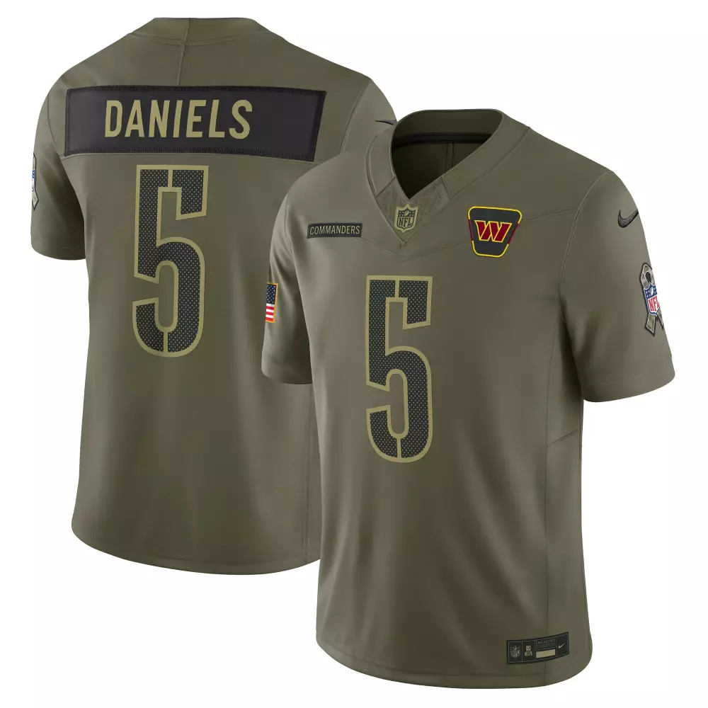 Jayden Daniels 5 Commanders Jersey Olive Salute To Service Washington American Flag 2023