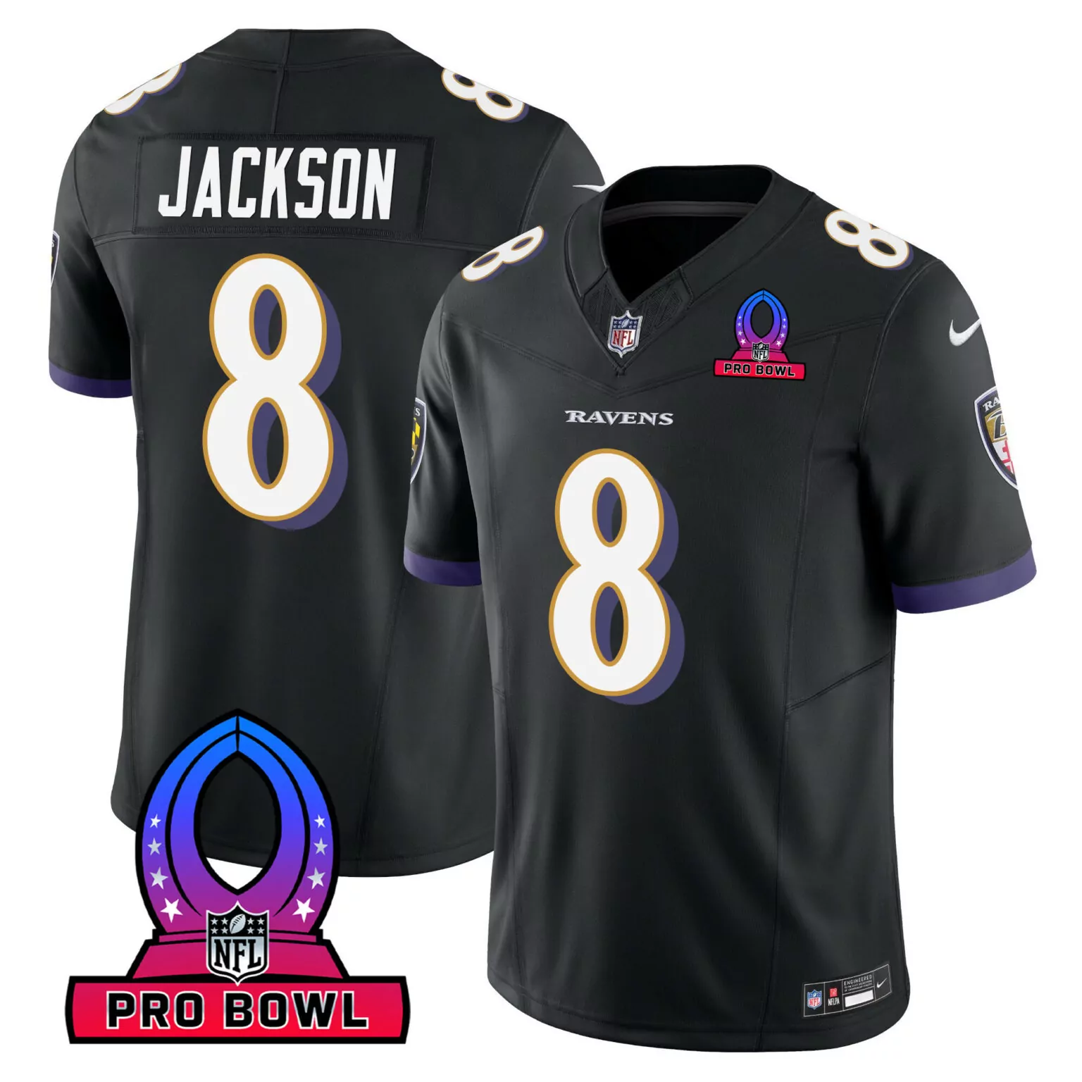 Lamar Jackson 8 Ravens Jersey Black Pro Bowl Men Purple White Gold All Stitched