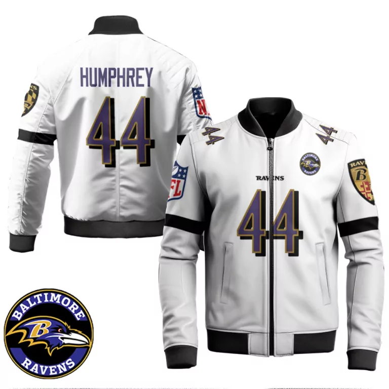 Marlon Humphrey 44 Jersey White Baltimore Ravens Men Bomber Jacket Black Purple Gold