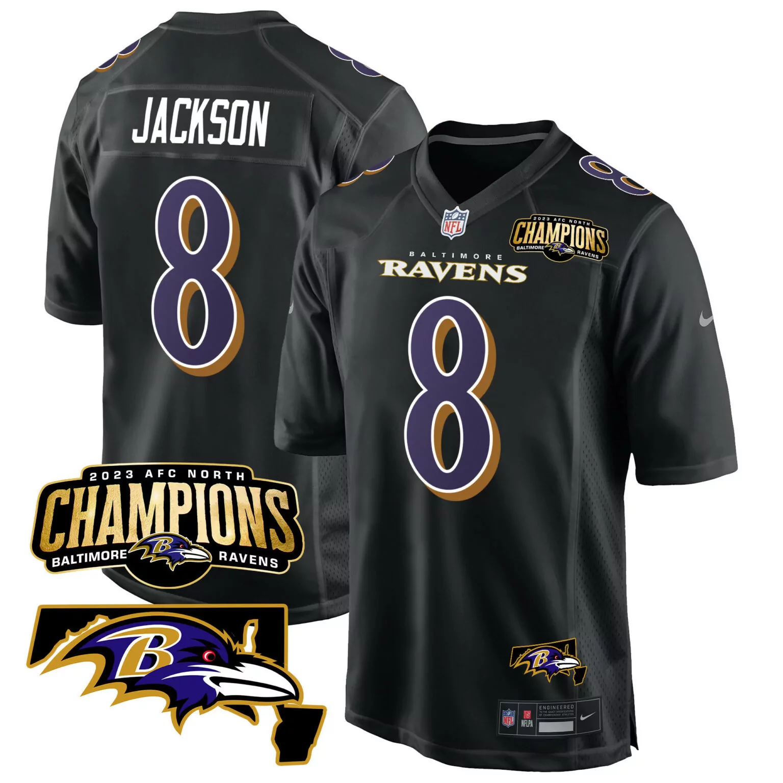 Lamar Jackson 8 Baltimore Ravens Jersey Black 2023 AFC North Champions Men T-shirt