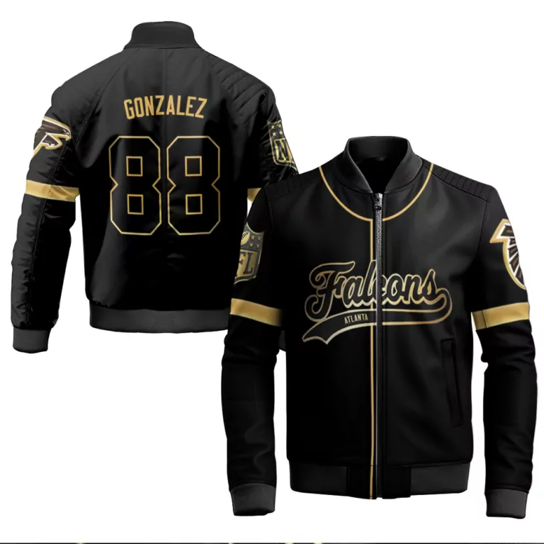 Tony Gonzalez 88 Falcons Jersey Black 2023 Men Bomber Jacket Split Design Gold Custom