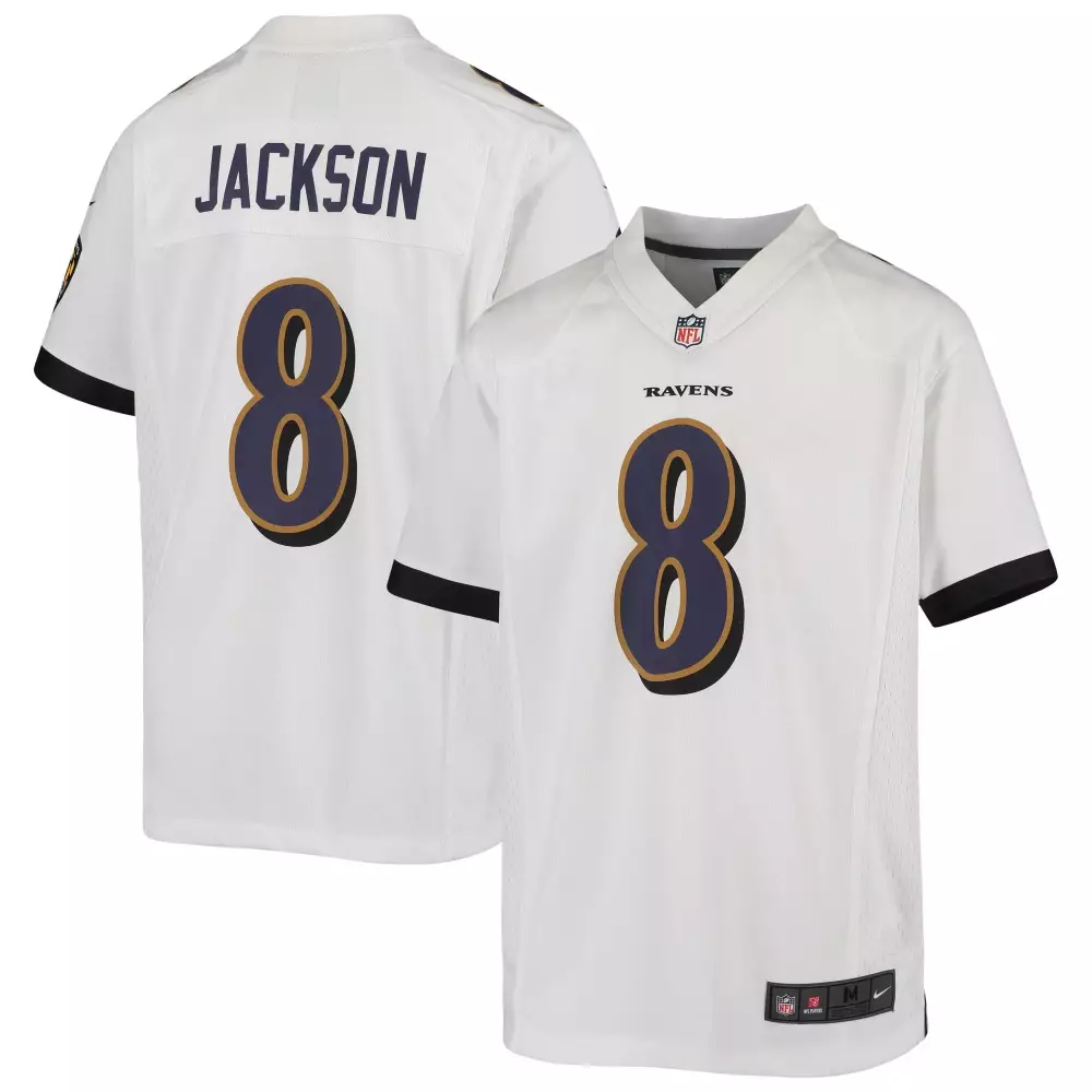 Lamar Jackson 8 Ravens Jersey White Replica Black Purple Gold Game