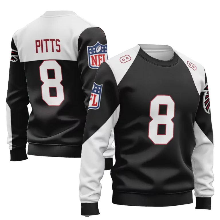 Kyle Pitts 8 Atlanta Falcons Jersey Black Men Crewneck Sweater Split Design White