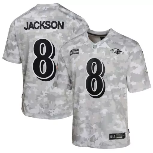 Lamar Jackson 8 Baltimore Ravens Jersey Grey Salute To Service Men Camouflage Alternate
