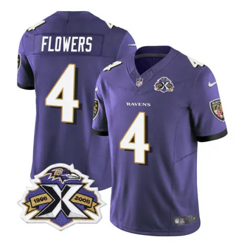 Zay Flowers 4 Ravens Jersey Purple 1996-2005 Championship Men White Gold Throwback