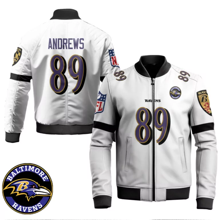 Mark Andrews 89 Baltimore Ravens Jersey White 2023 Men Bomber Jacket Black Purple