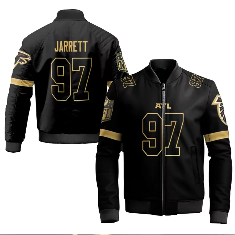 Grady Jarrett 97 Atlanta Falcons Jersey Black Men Bomber Jacket Gold