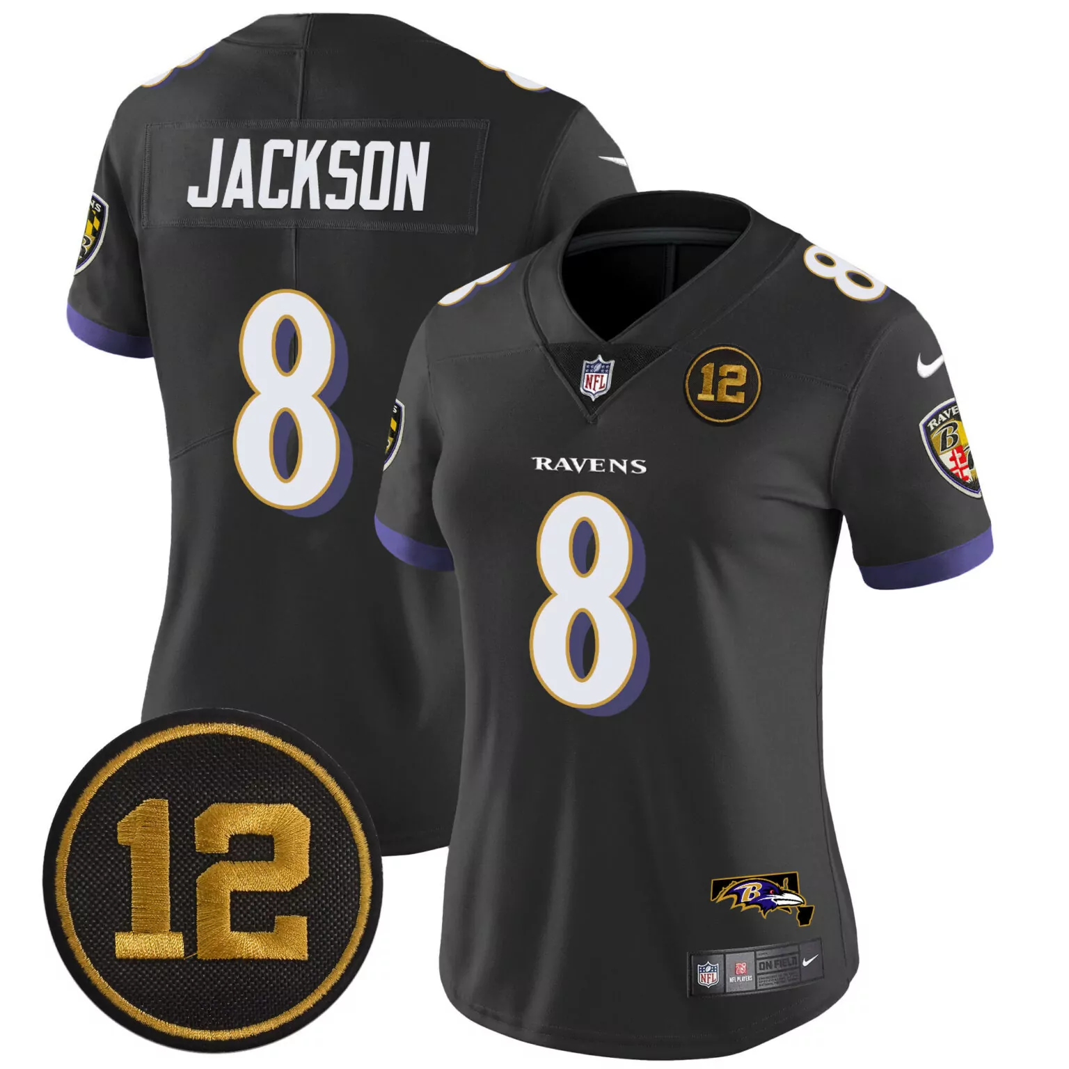 Lamar Jackson 8 Ravens Jersey Black 12 Players Men Authentic Purple White Gold All